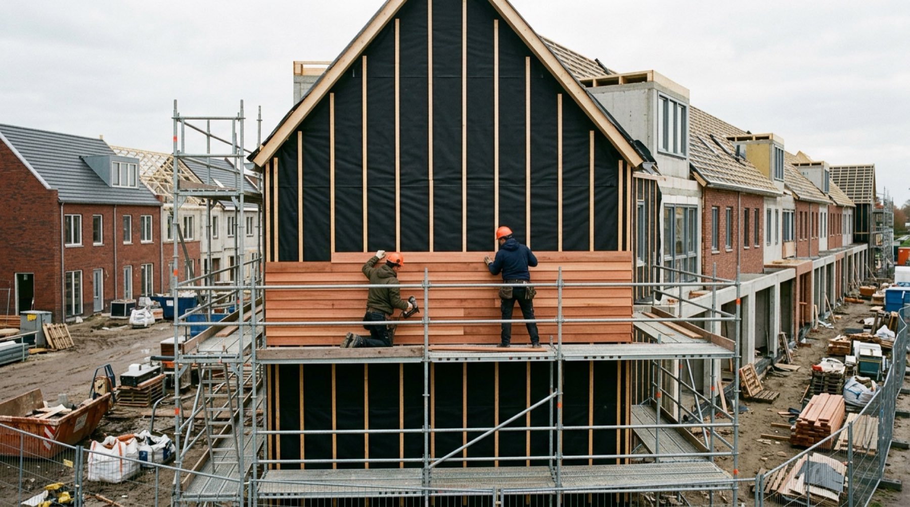 Two carpenters fixing horizontal timber boards over black membrane and battens on the gable of a terraced house under construction