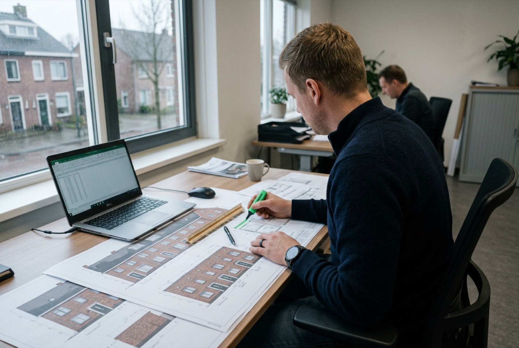 An estimator marks up printed facade elevations with a highlighter, next to a laptop showing a spreadsheet