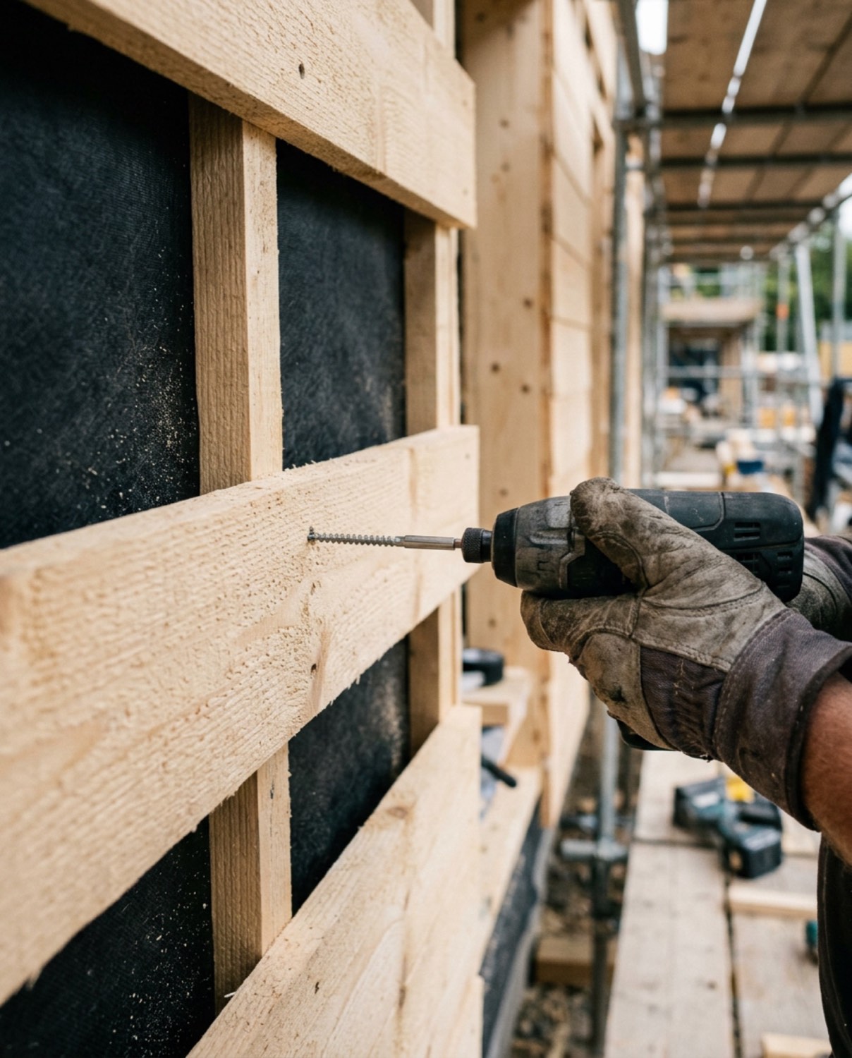 Een gehandschoende hand schroeft met een accuschroevendraaier een vuren plank op de regels van een gevel, voor zwarte folie, met steigers op de achtergrond