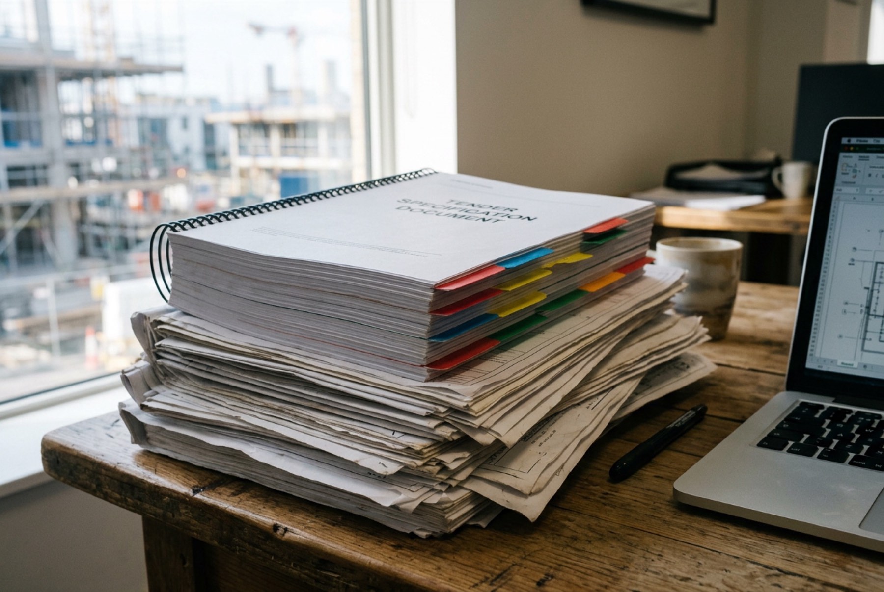A stack of tender documents and drawings on a desk